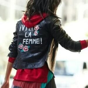 Joie Black Leather Moto Jacket Viva La Femme Graphic Print New Size S